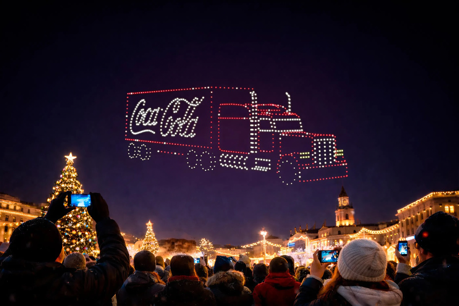Festive crowd watching brand drone show with truck silhouette