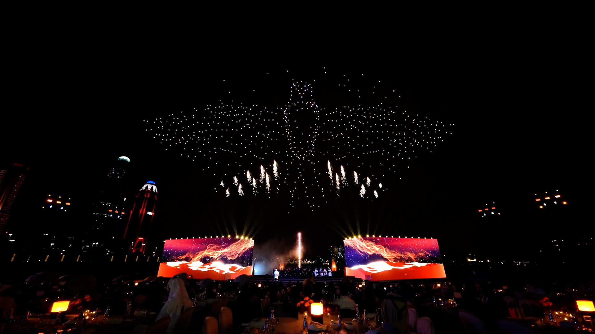 Gala dinner sky formation with synchronized pyrotechnics
